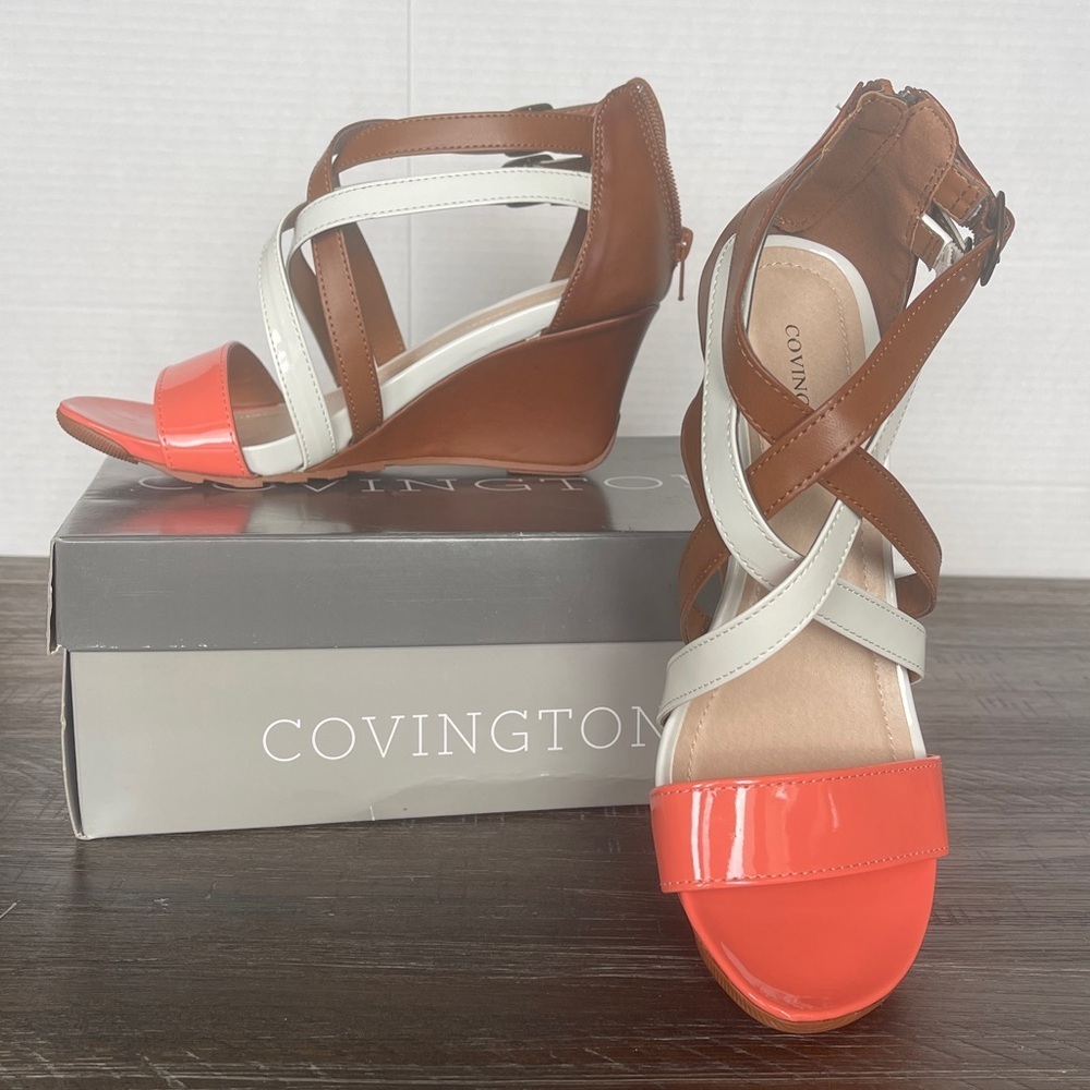 NIB Covington Camelia Strappy Dress Sandals Size 7 Coral Brown White Casual